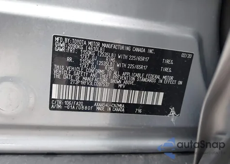 2020 Toyota Rav4 Xle z USA, uszkodzony, nr VIN 2T3P1RFV3LC097537